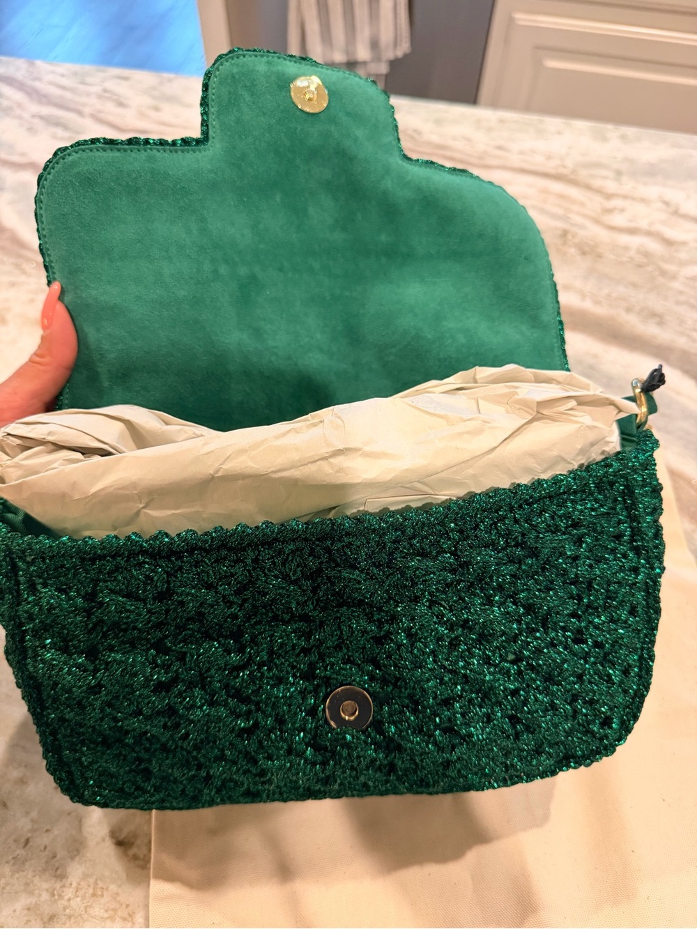 Textured Green Crochet Crossbody with Gold Chain Strap - Picture 7 of 7